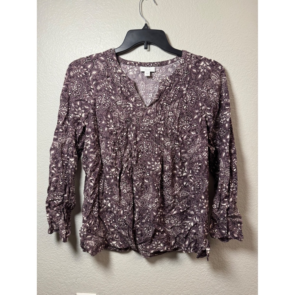 Pure Jill Womens Small Plum Purple Paisley Pintuck V-Neck Long Sleeve Blouse
